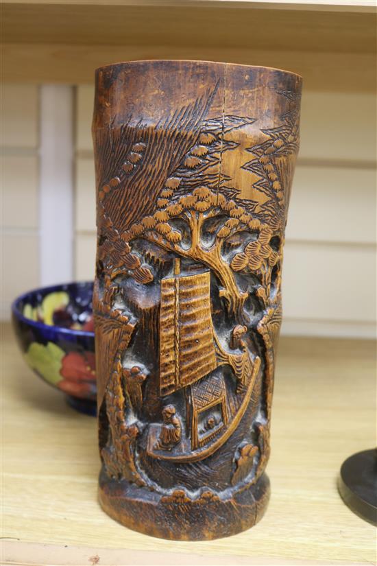 A Chinese wucai jar, a prunus and cracked ice vase and a bamboo brush pot tallest 32cm